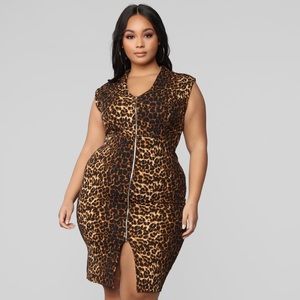 Leopard print knee length full zip dress
